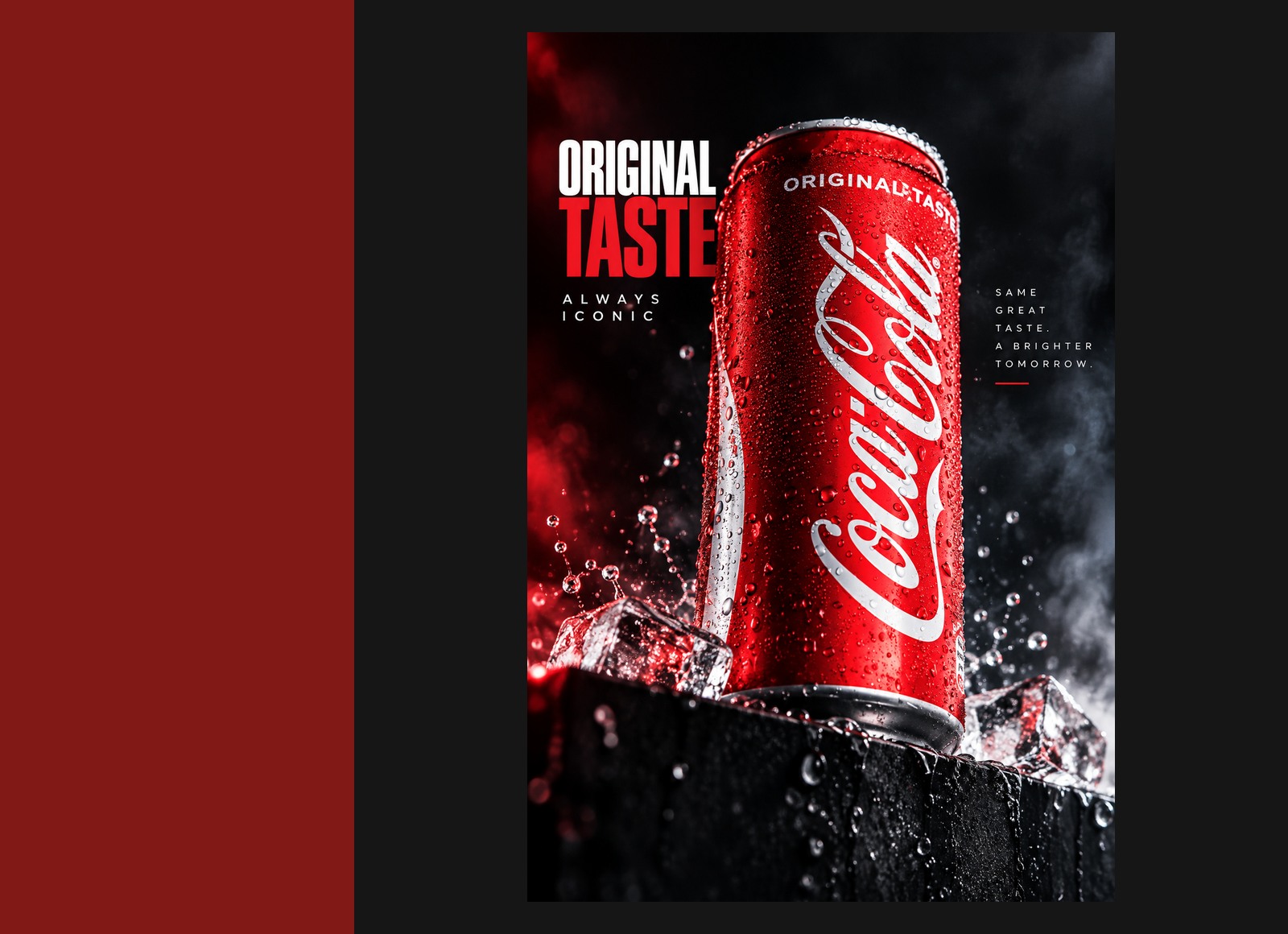 Original Coca-Cola campaign artwork presented in a red and black gallery composition